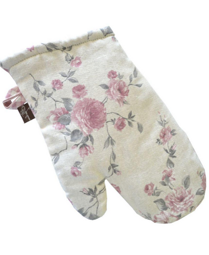 English Roses Cotton Kitchen Apron, Potholder And Oven Mitten With Lace | French Style Floral Textile Set, Housewarming Gift