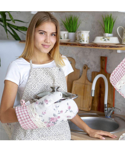 English Roses Cotton Kitchen Apron, Potholder And Oven Mitten With Lace | French Style Floral Textile Set, Housewarming Gift