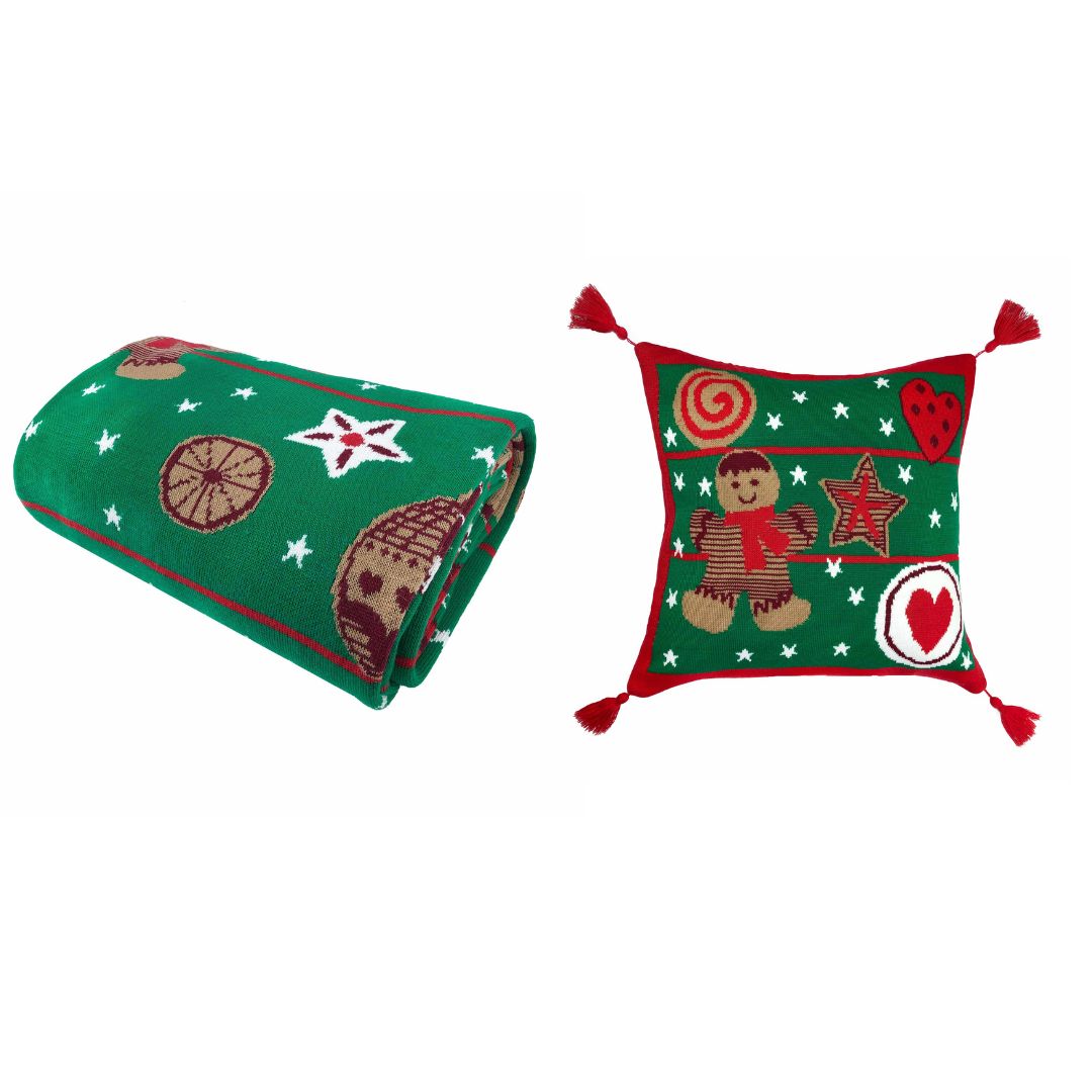 Green Knitted Blanket With Gingerbread Man Pattern | Festive Home Decor, Living Room Throw, Winter Holidays Present Idea For Family