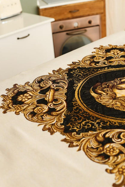 Baroque Style Tapestry Tablecloth With Gold Head Pattern | Luxury Home Decor, Living Room Textile, Gift Idea For Friends