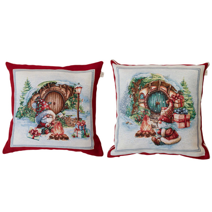 Red Tapestry Pillowcase With Christmas Gnome, Presents And Bonfire Pattern | Winter Holidays Textile, Festive Home Decor