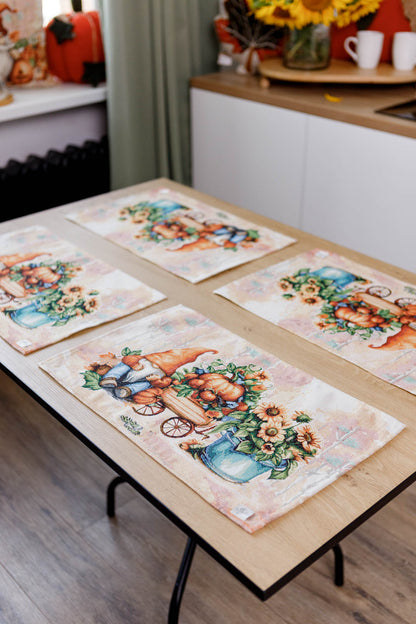 4 Autumn Gnomes Tapestry Placemats Set | Fall Harvest Table Decor, Halloween Pumpkins Table Cover | Thanksgiving Kitchen Decoration