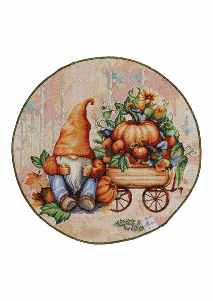 4 Round Autumn Gnomes Tapestry Placemats Set | Thanksgiving Kitchen Decor, Halloween Pumpkins Table Cover | Fall Harvest Table Decor