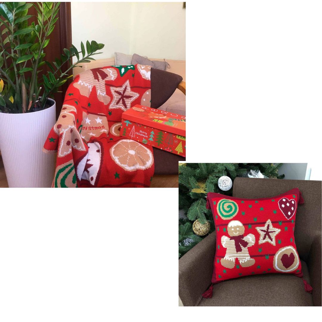 Red Knitted Pillowcase With Gingerbread Man Pattern | Decorative Pillow Cover With Cookie Man Print, Festive Home Decor, Present Idea