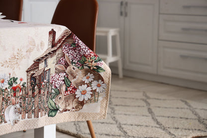 Beige Tapestry Tablecloth With Rabbits And Flowers Pattern | Kitchen And Living Room Textile Set, Festive Home Decor, Present Idea.