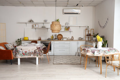 Beige Tapestry Tablecloth With Rabbits And Flowers Pattern | Kitchen And Living Room Textile Set, Festive Home Decor, Present Idea.