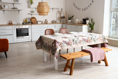 Beige Tapestry Tablecloth With Rabbits And Flowers Pattern | Kitchen And Living Room Textile Set, Festive Home Decor, Present Idea.