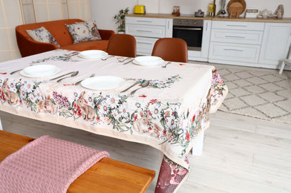 Beige Tapestry Tablecloth With Rabbits And Flowers Pattern | Kitchen And Living Room Textile Set, Festive Home Decor, Present Idea.