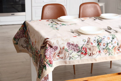 Beige Tapestry Tablecloth With Rabbits And Flowers Pattern | Kitchen And Living Room Textile Set, Festive Home Decor, Present Idea.