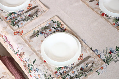 Beige Tapestry Tablecloth With Rabbits And Flowers Pattern | Kitchen And Living Room Textile Set, Festive Home Decor, Present Idea.
