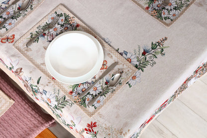 Beige Tapestry Tablecloth With Rabbits And Flowers Pattern | Kitchen And Living Room Textile Set, Festive Home Decor, Present Idea.