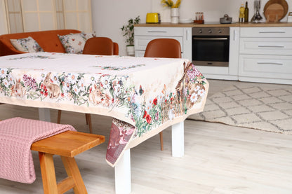 Beige Tapestry Tablecloth With Rabbits And Flowers Pattern | Kitchen And Living Room Textile Set, Festive Home Decor, Present Idea.