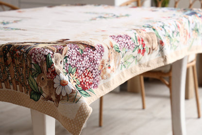Beige Tapestry Tablecloth With Rabbits And Flowers Pattern | Kitchen And Living Room Textile Set, Festive Home Decor, Present Idea.
