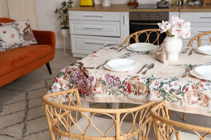 Beige Tapestry Tablecloth With Rabbits And Flowers Pattern | Kitchen And Living Room Textile Set, Festive Home Decor, Present Idea.