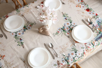 Beige Tapestry Tablecloth With Rabbits And Flowers Pattern | Kitchen And Living Room Textile Set, Festive Home Decor, Present Idea.