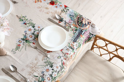 Beige Tapestry Tablecloth With Rabbits And Flowers Pattern | Kitchen And Living Room Textile Set, Festive Home Decor, Present Idea.