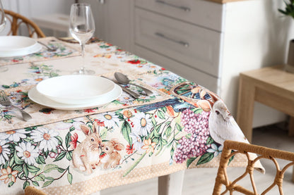 Beige Tapestry Tablecloth With Rabbits And Flowers Pattern | Kitchen And Living Room Textile Set, Festive Home Decor, Present Idea.