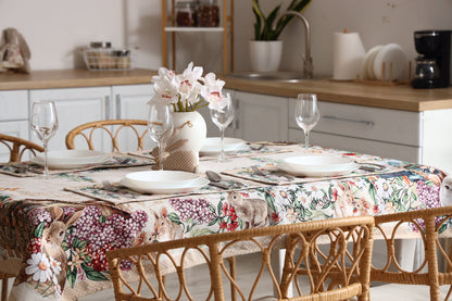 Beige Tapestry Tablecloth With Rabbits And Flowers Pattern | Kitchen And Living Room Textile Set, Festive Home Decor, Present Idea.