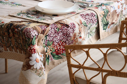 Beige Tapestry Tablecloth With Rabbits And Flowers Pattern | Kitchen And Living Room Textile Set, Festive Home Decor, Present Idea.