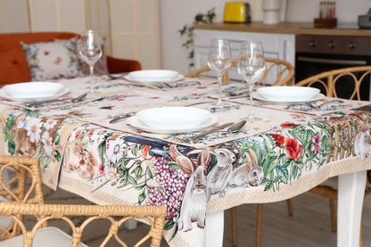 Beige Tapestry Tablecloth With Rabbits And Flowers Pattern | Kitchen And Living Room Textile Set, Festive Home Decor, Present Idea.