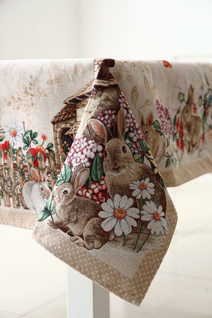 Beige Tapestry Tablecloth With Rabbits And Flowers Pattern | Kitchen And Living Room Textile Set, Festive Home Decor, Present Idea.