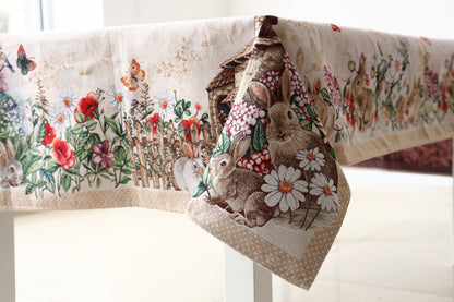 Beige Tapestry Tablecloth With Rabbits And Flowers Pattern | Kitchen And Living Room Textile Set, Festive Home Decor, Present Idea.