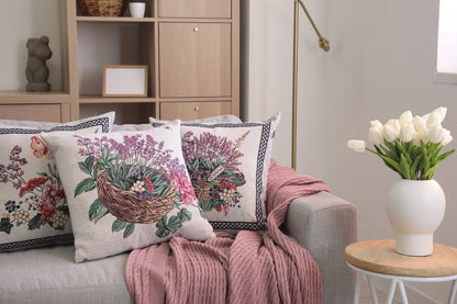 Tapestry Pillowcase With Basket Of Lavender Pattern | Festive Home Decor, Family And Friends Housewarming Present Idea