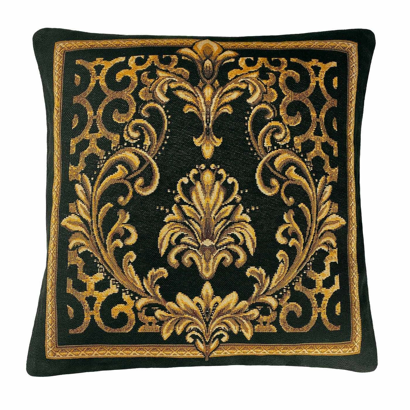 A Baroque style tapestry pillowcase with a golden chains pattern, featuring white, gold, and black colors.