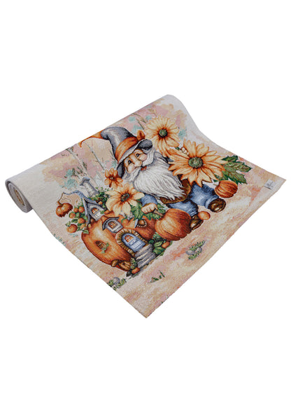 Autumn Gnomes Tapestry Table Runner | Thanksgiving Home Decor, Halloween Pumpkins Table Cover | Fall Harvest Table Decor