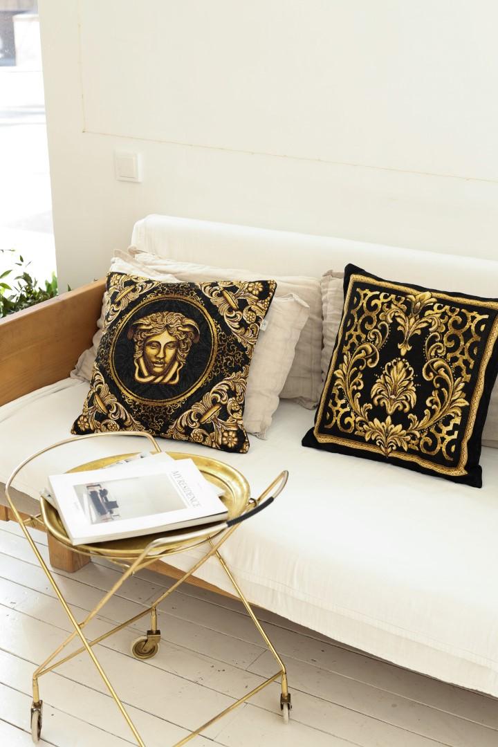 Baroque Gold Tapestry Pillowcase | Black Luxury Pillow Cover | Medusa Head Style Decor