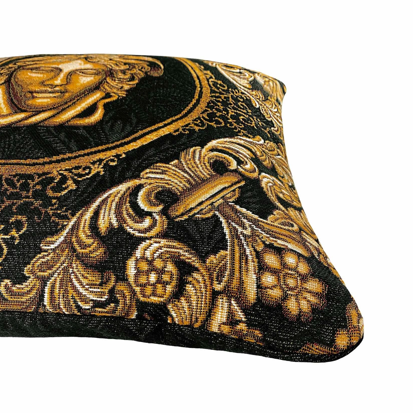 Baroque Gold Tapestry Pillowcase | Black Luxury Pillow Cover | Medusa Head Style Decor