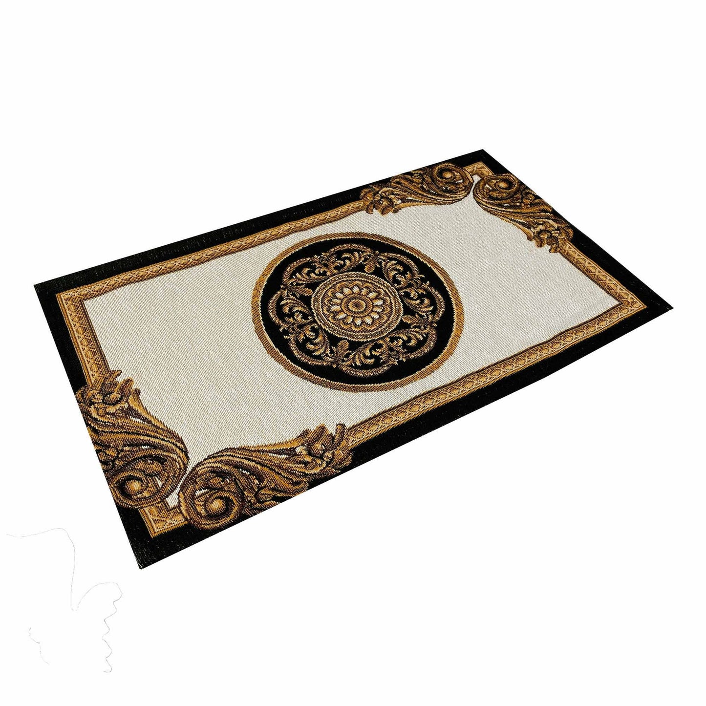 Baroque tapestry placemat with black, white and gold medallion pattern on white background