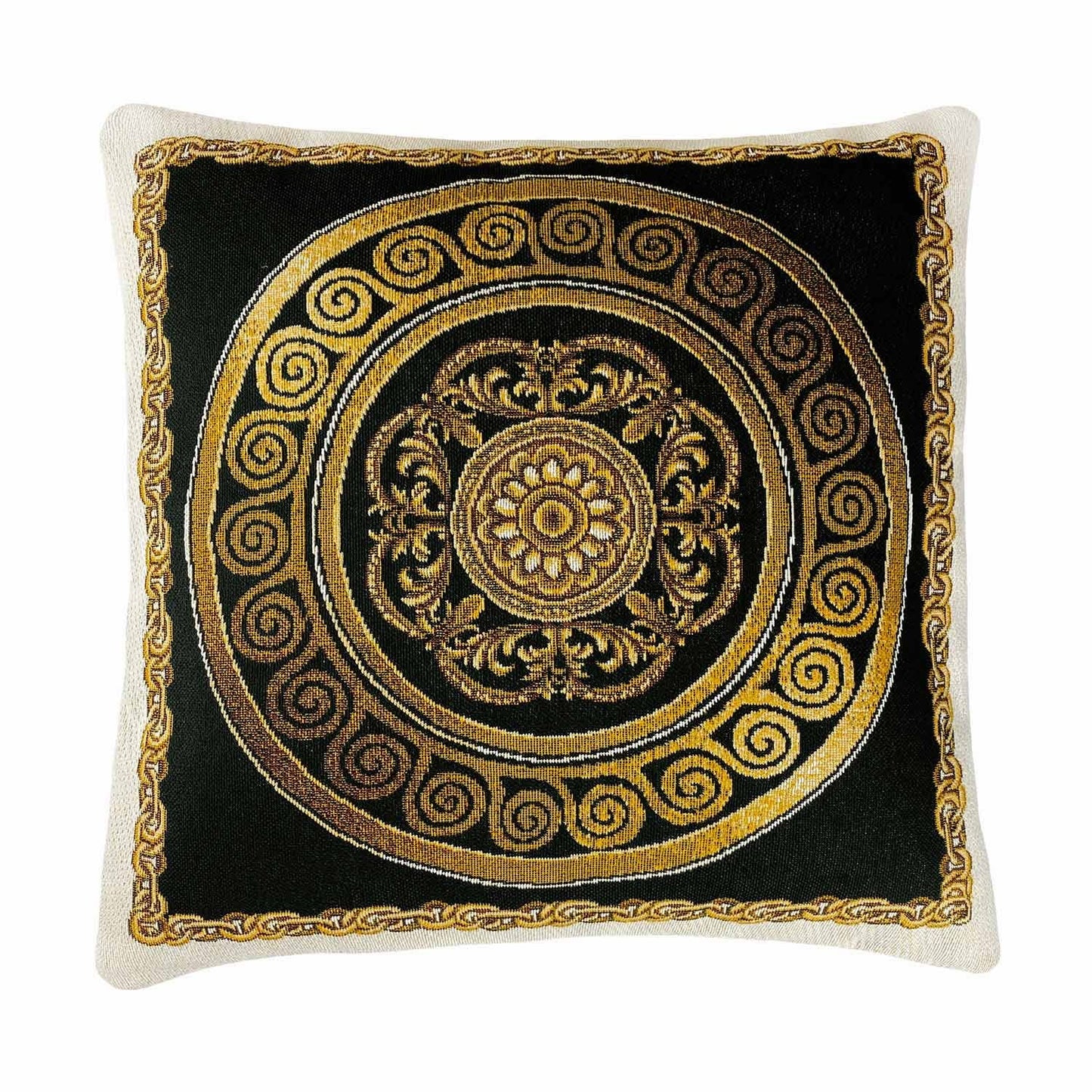 Black Baroque Style Tapestry Pillowcase With Golden Medallion Pattern 