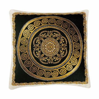 Black Baroque Style Tapestry Pillowcase With Golden Medallion Pattern 