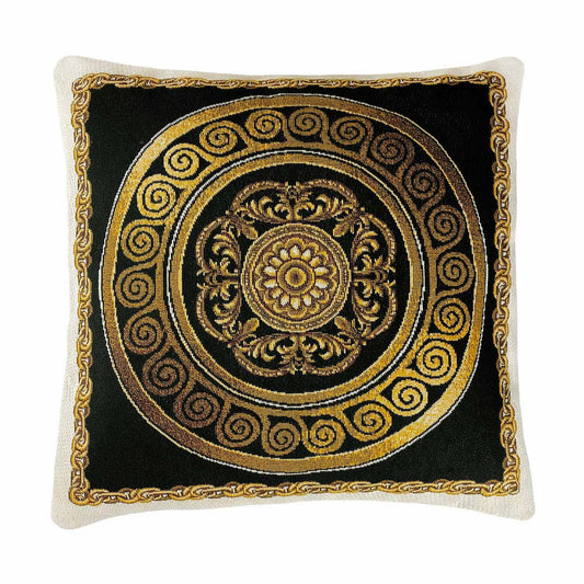 Black Baroque Style Tapestry Pillowcase With Golden Medallion Pattern 