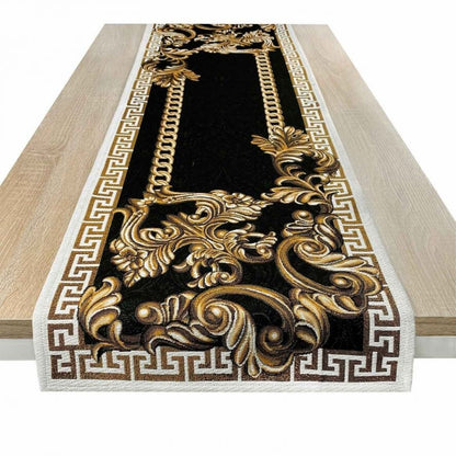 Black Tapestry Table Runner With Gold Baroque Scroll Work Pattern