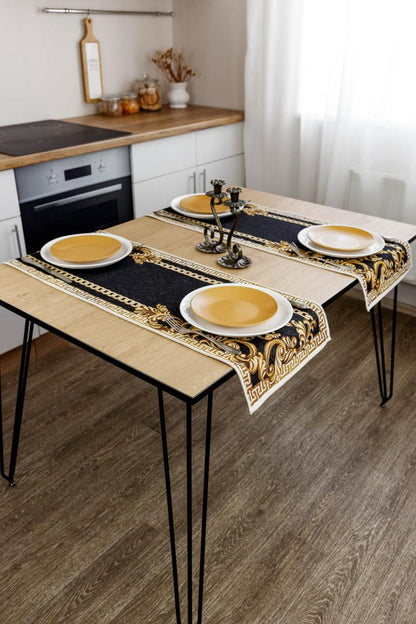Black and gold baroque table runner displayed on a dining table in a modern kitchen