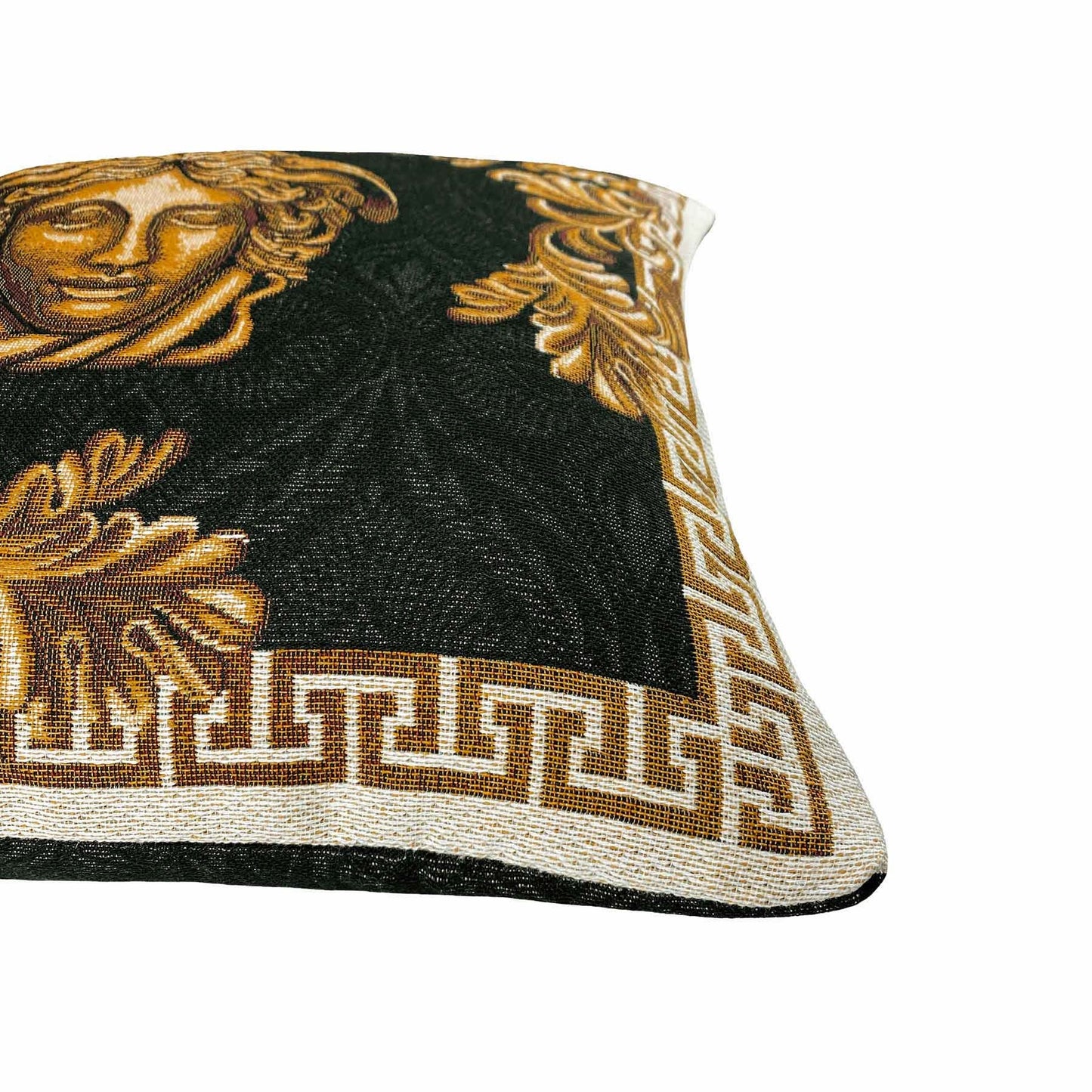 Black and gold baroque tapestry pillowcase side view with ornate Greek key border