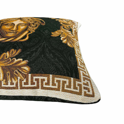 Black and gold baroque tapestry pillowcase side view with ornate Greek key border
