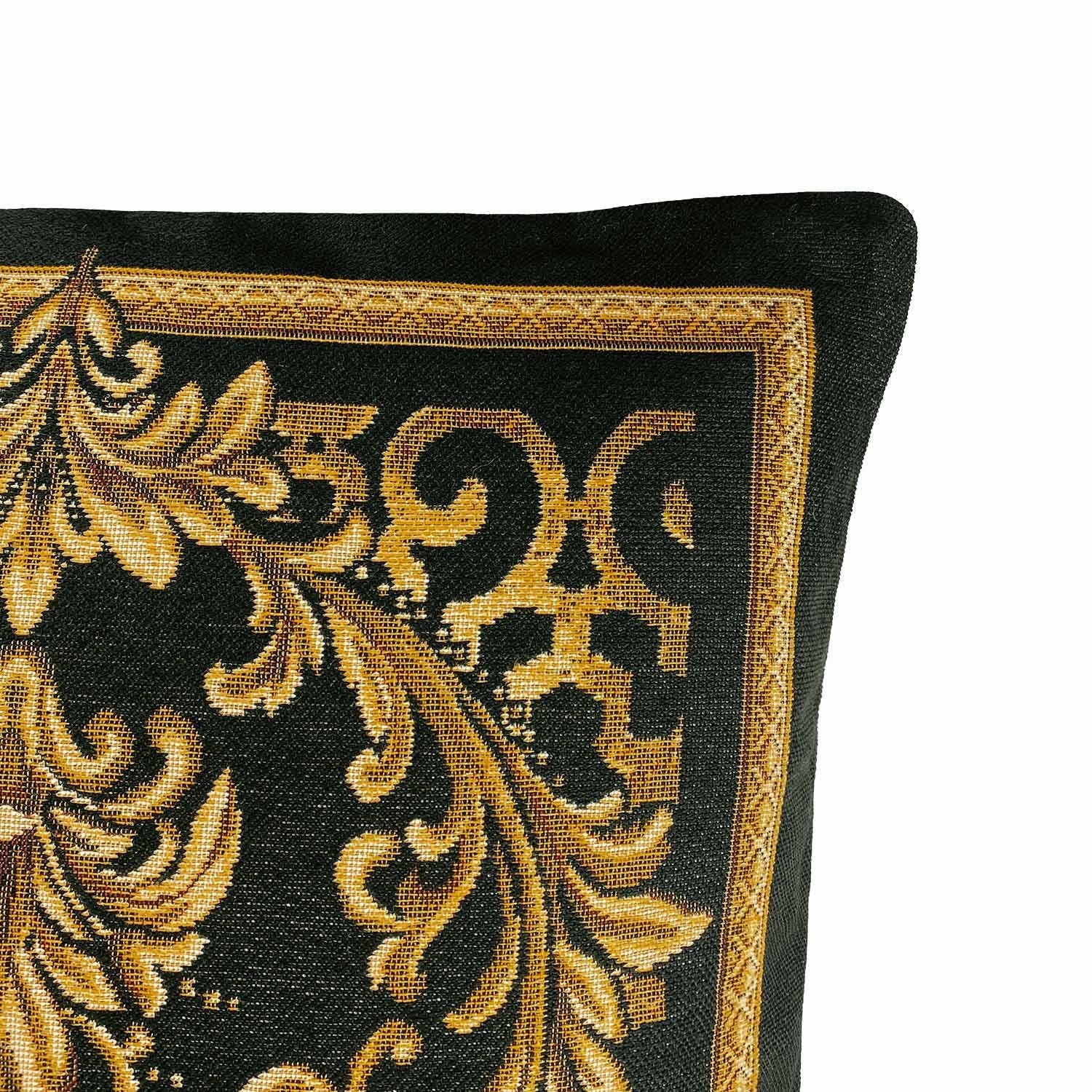 Black and gold baroque tapestry pillowcase with ornate scrollwork pattern on a dark background