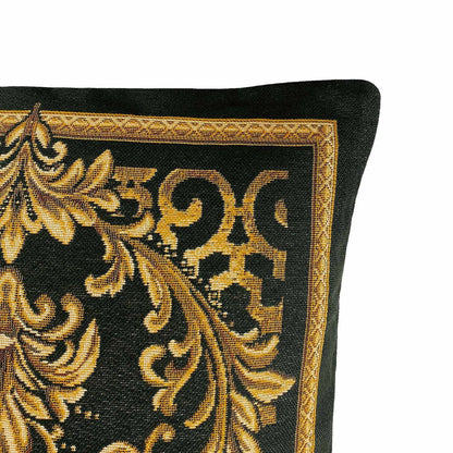 Black and gold baroque tapestry pillowcase with ornate scrollwork pattern on a dark background