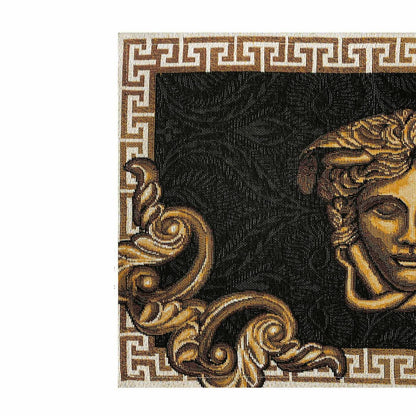 Black and gold baroque tapestry placemat with Medusa head detail and ornate border