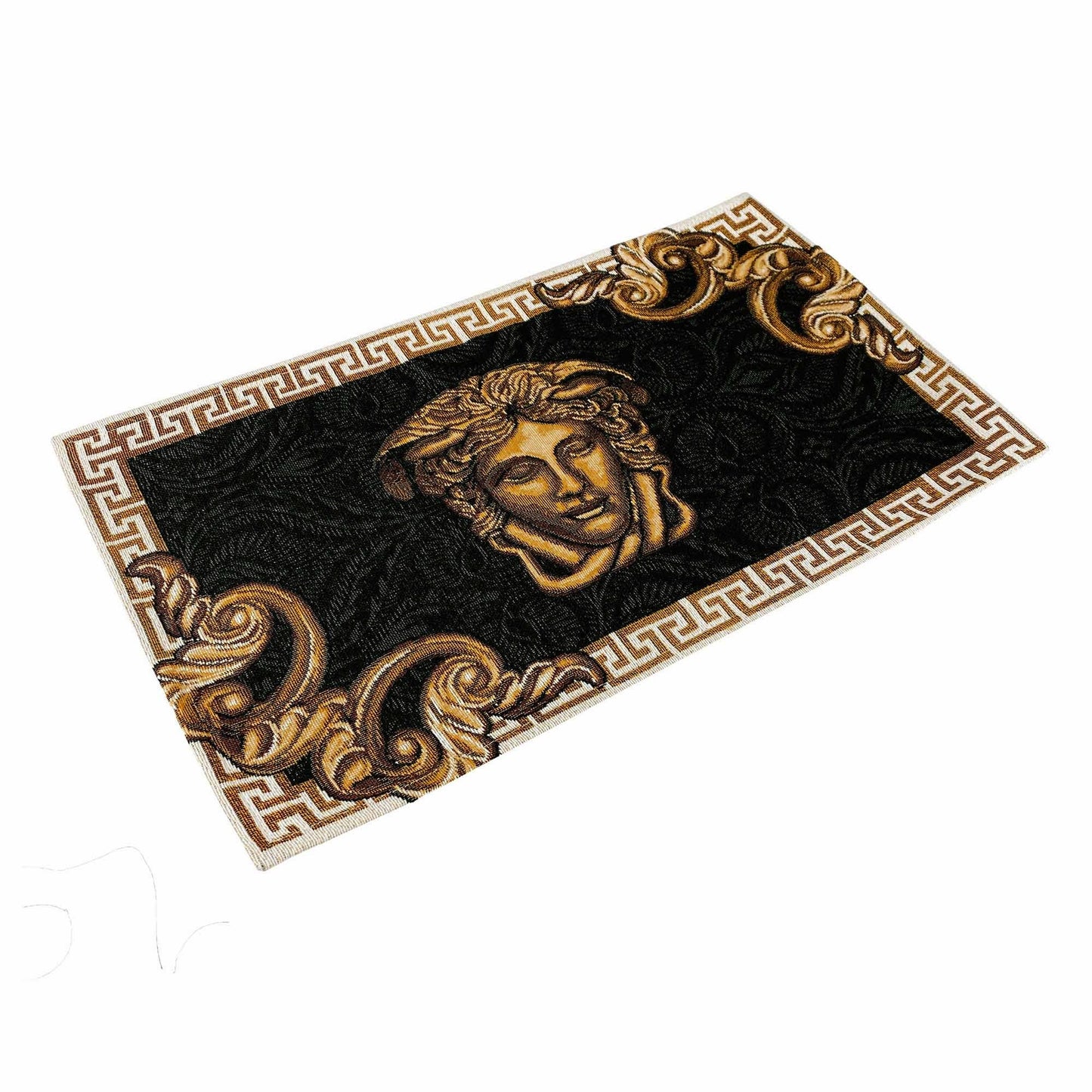Black and gold baroque tapestry placemat with Medusa head on white background