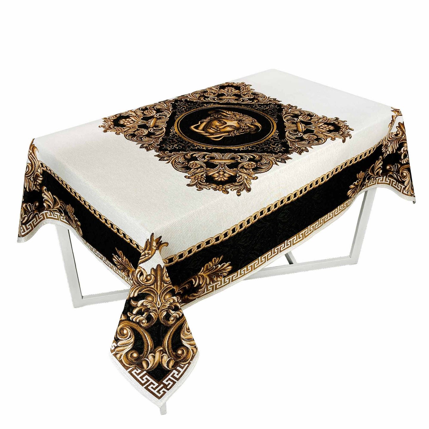 Black and gold baroque tapestry tablecloth with Medusa head centerpiece