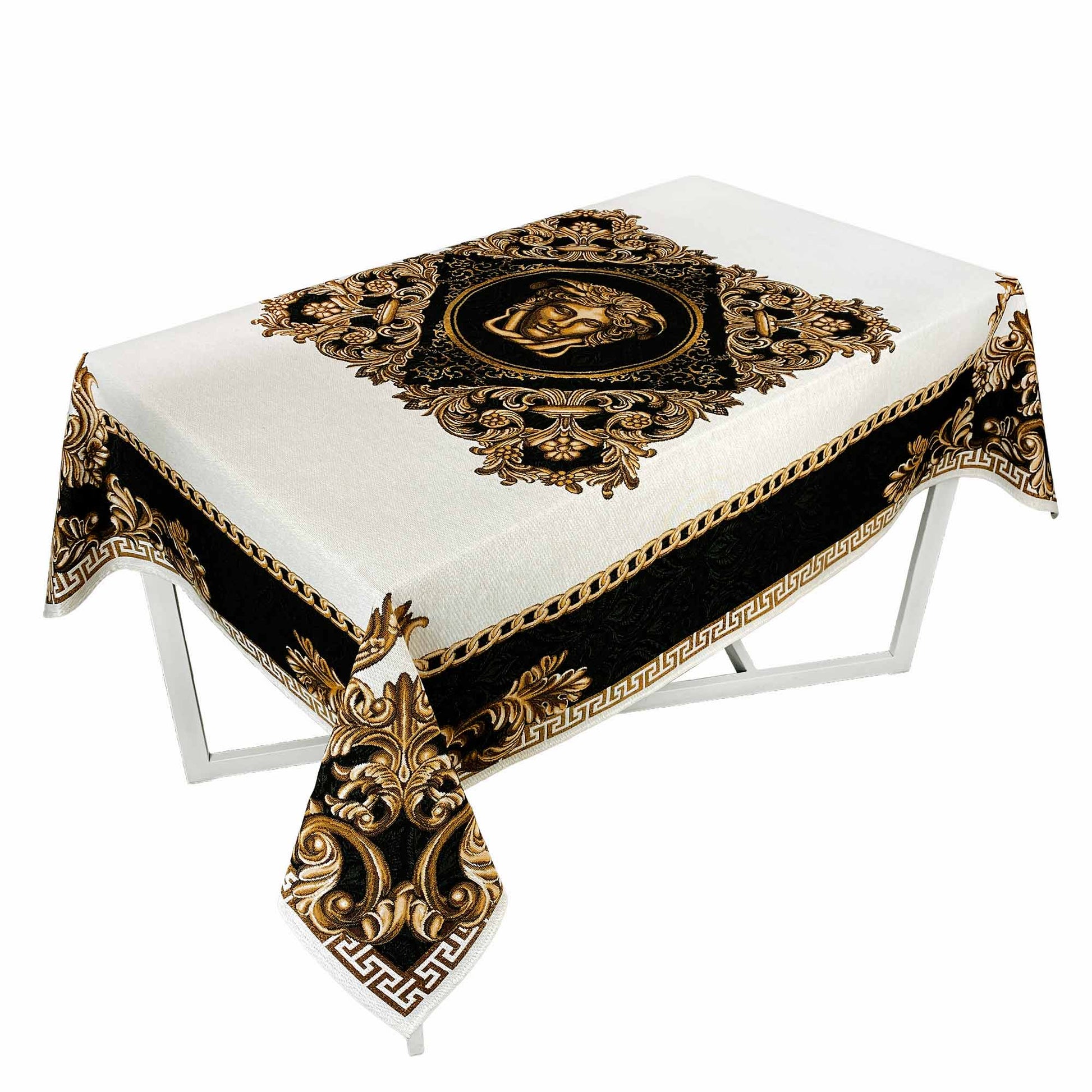 Black and gold baroque tapestry tablecloth with Medusa head centerpiece