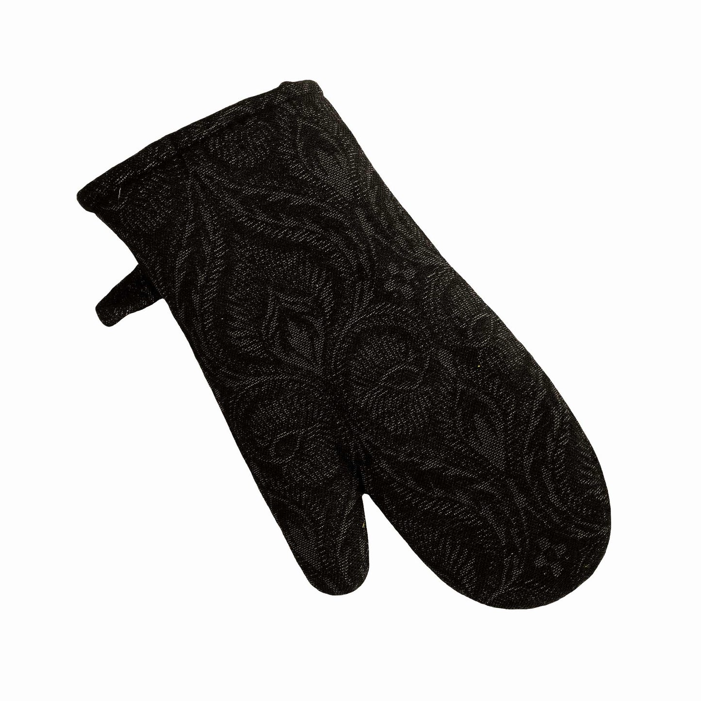 Black baroque oven mitt with floral pattern on a white background