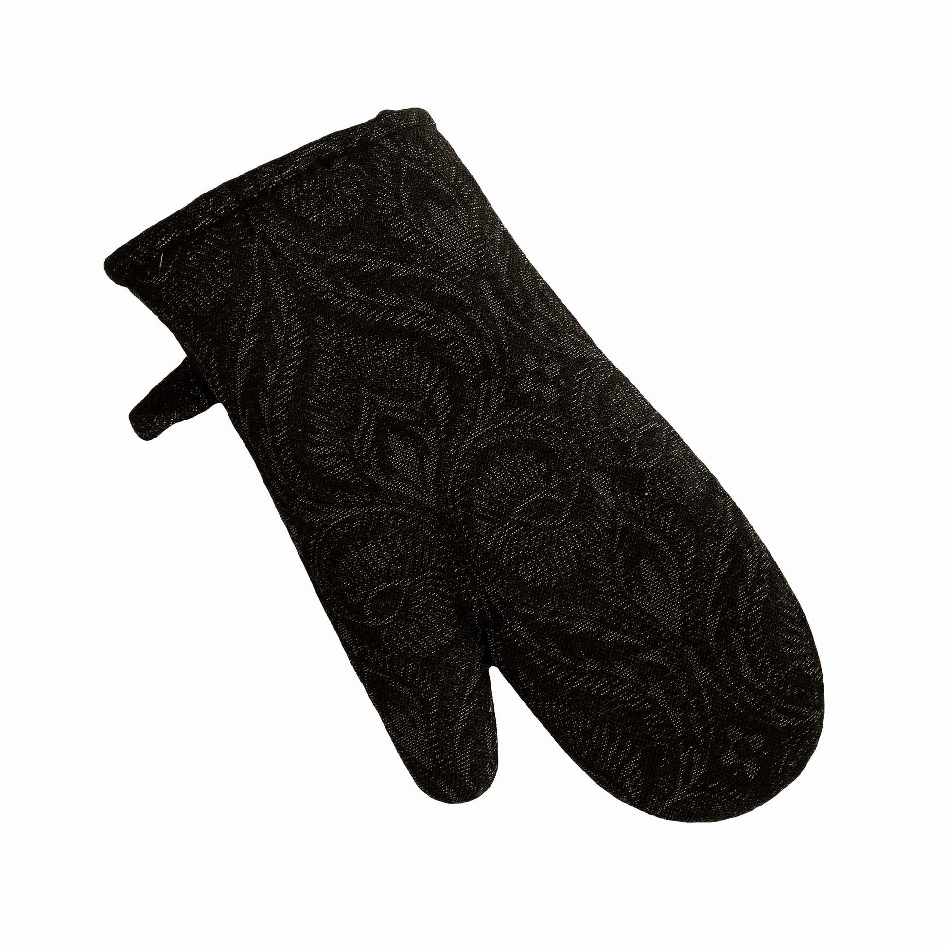 Black baroque oven mitt with textured woven fabric, isolated on white background
