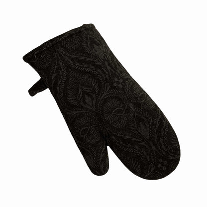 Black baroque oven mitt with textured woven fabric, isolated on white background