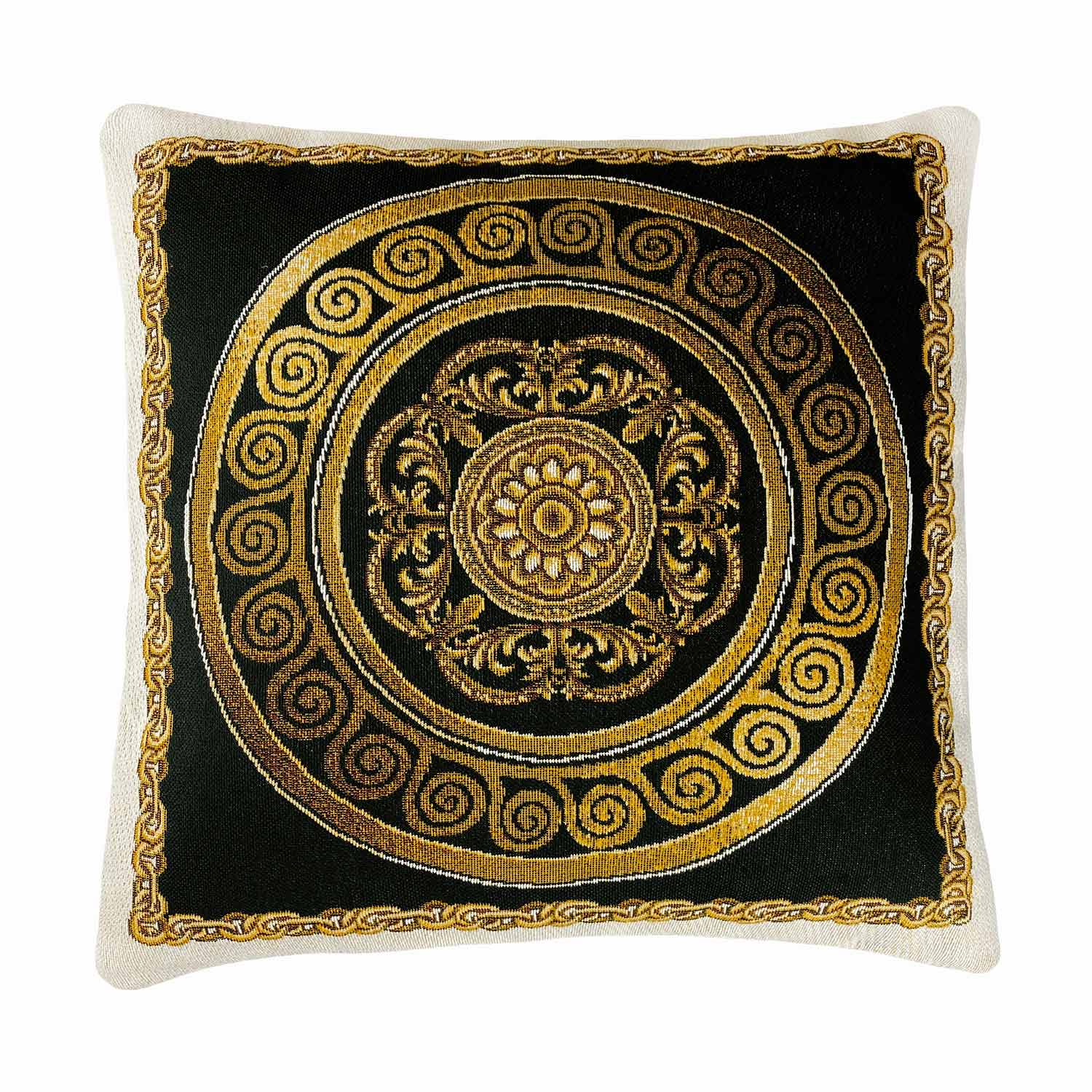 Black baroque tapestry pillow with gold medallion design