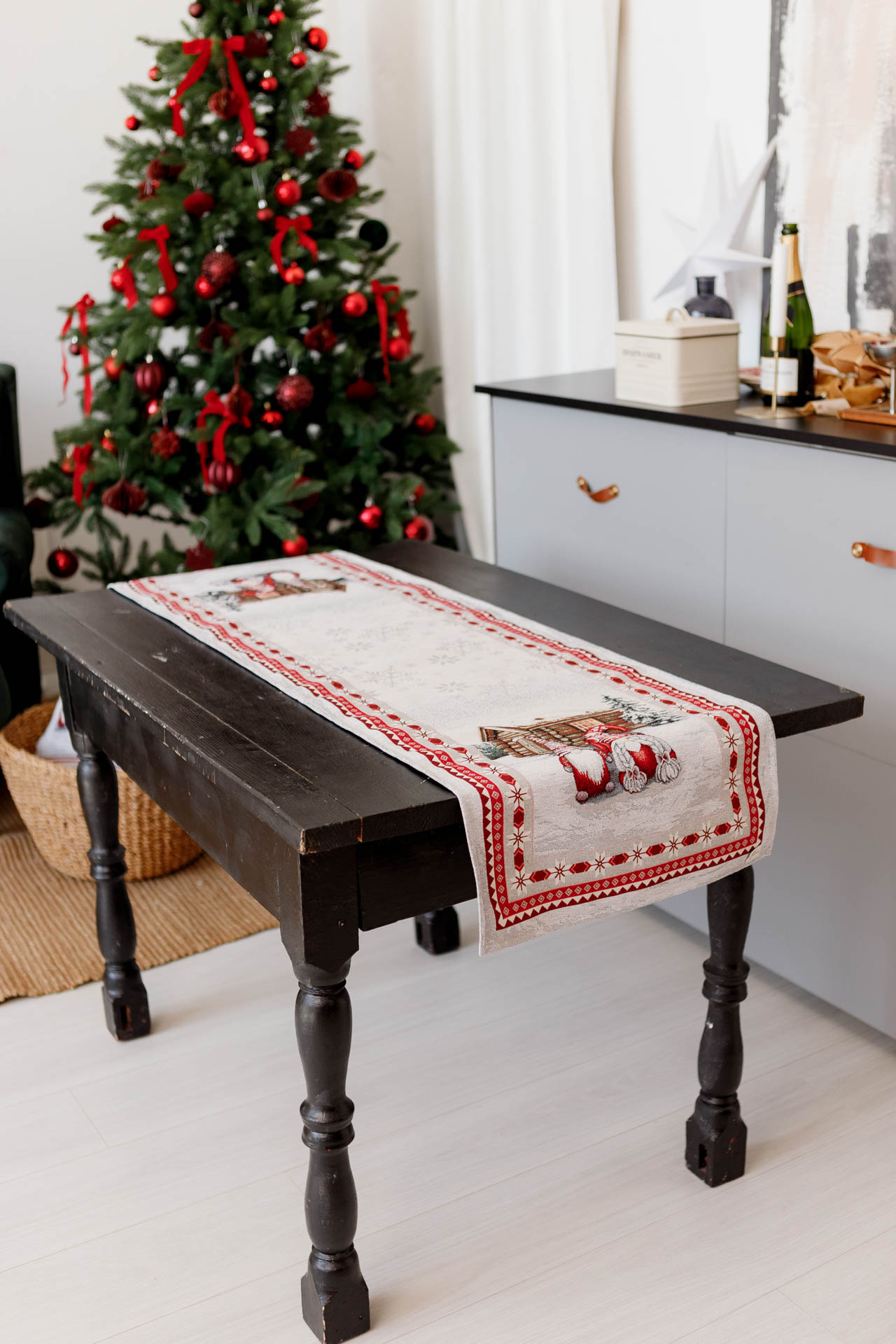 Christmas gnome table runner with snowy cottage design, festive dining room setting